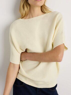 Cotton Cashmere Link-Stitch Dolman Sweater in Pale Custard Yellow